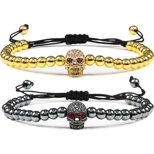 Handmade Beaded Weave Bracelet Bangles Fashion Skull Head 5mm Copper Beads Charm Men Women Yoga Bracelet Adjustable Rope Jewelry
