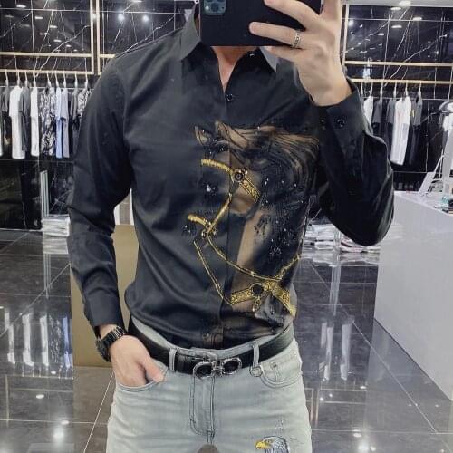 Black Animal Horse Shirt Social Camisa Hombre Rhinestones Shirts Mens Luxury Top Diamond Mens Shirt Long Mouw Slim Casual Shirt
