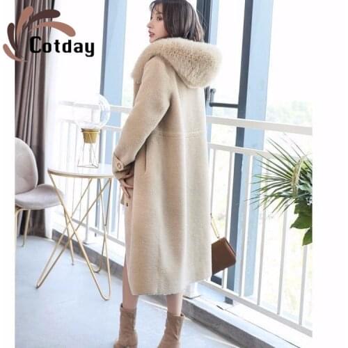 Cotday Long Office Lady 2020 Fashion New Women Sheep Shearing Fur Medium Long Fox Hair Hooded Fur Coat Female Wool Winter Coats