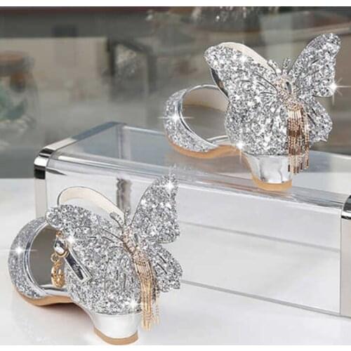 Princess Kids Leather Shoes For Girls Glitter Butterfly Knot Dress Party Children High Heel Csuals Shoe For kids Pink Silver