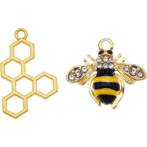 Julie Wang 6PCS Enamel Honeycomb And Bee Charms Mixed Hive Honeybee Pendants Alloy Necklace Bracelet Jewelry Making Accessory
