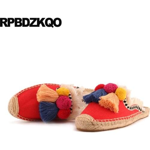 Fisherman Flats Harajuku Espadrilles Hemp Tassel Mules Ladies Beautiful Shoes Fringe Rose Women Embroidery Slippers Embroidered