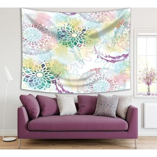 Tapestry Mandalas and Feathers on Patterns Watercolor Paint Stains Mystic Ethnic Artwork Pink Purple Green