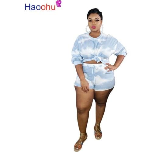 HAOOHU Women Plus Size XL-5XL Tie Dye Print Tee tops Shorts jogger sweatpant suit two piece set sport matching set outfit
