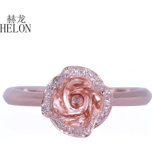 HELON Round 6mm Solid 14K Rose Gold AU585 Pave 0.2ct Natural Diamonds Semi Mount Ring Wedding petaline Women Trendy Jewelry Ring