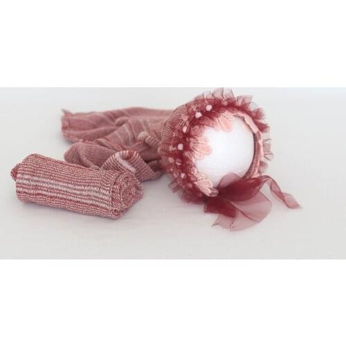 Cameo Mauve Baby Girl Lace Bonnet Newborn wrap and Bonnet Set Handmade Newborn Hat Swaddle Blanket Photography Props