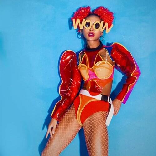 Nightclub Party Costume Women Funny Red Transparent Clown Outfit Bar Dj Lead Dance Team Gogo Fashion Performance Clothes VDB3200