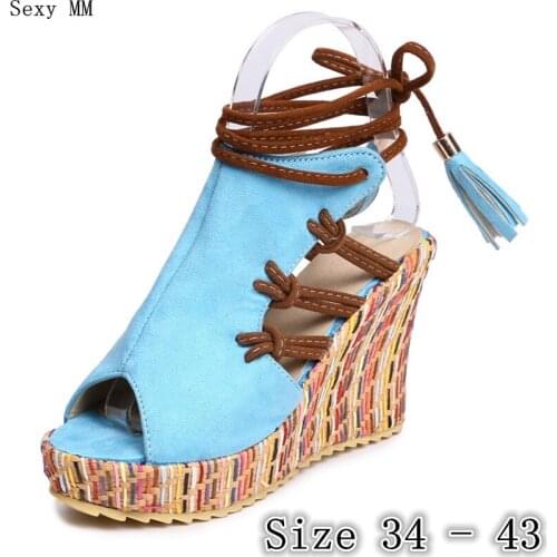 Summer Women Platform High Heel Wedge Sandals Peep Toe Shoes Woman High Heels Wedges Gladiator Sandals Plus Size 34- 40 41 42 43