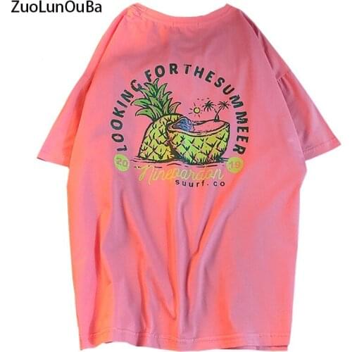 Summer Casual Cotton Women T Shirt Print Comics Pineapple House Sea Island Sunset Sandy Beach Loose One Size Tees Tops Female