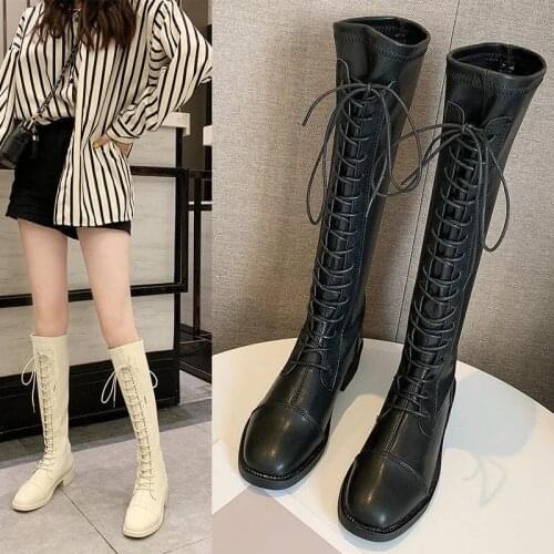 Fashion Knight Motorcycle Boots Autumn Winter Platform Lace Up Knee High Boots For Women Designer Gothic Punk Demonia Shoes 2021
