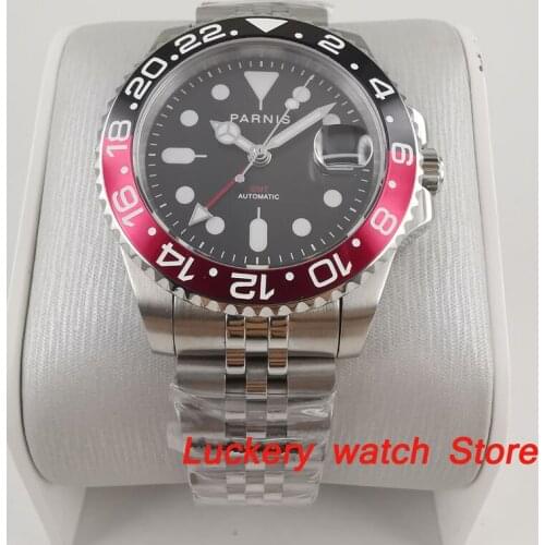Parnis 40mm black dial red GMT luminous marks Black and red Bezel sapphire glass automatic Mens Watch-PA95