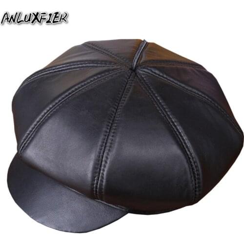 R008 Adult Genuine Leather Hat Mens Winter Warm Octagonal Caps Sheepskin Hat Ladies Outdoor Casual Leather Octagonal Hat