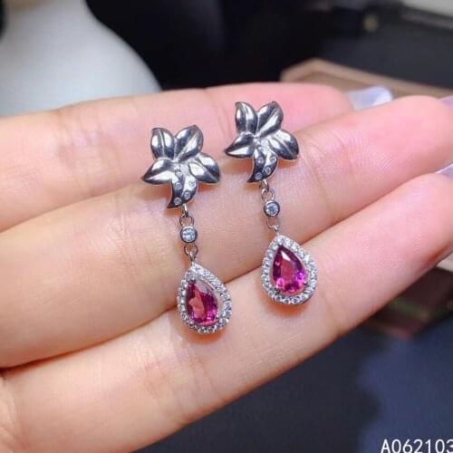 KJJEAXCMY 925 sterling silver inlaid natural pyrope garnet Women fashion trendy plant water drop gem earrings ear stud support d
