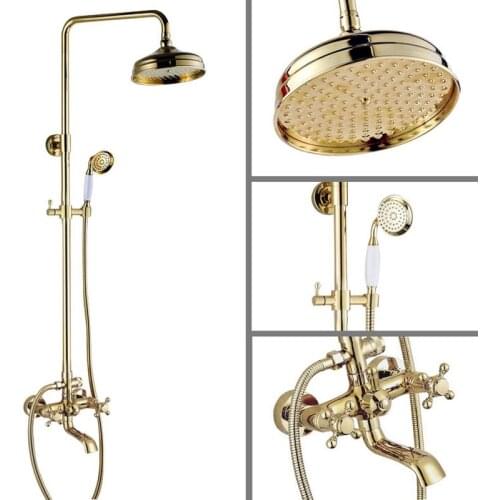 Shower Faucets Gold Brass Bathroom Shower Mixer Tap Faucet Set Rain Shower Head Round Wall Mounted Bathtub Faucet agf391