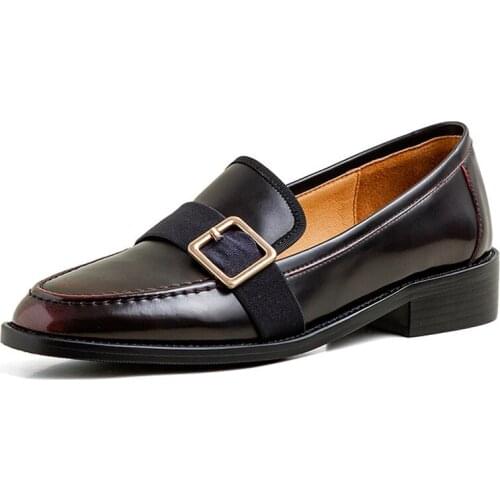 Spring Women Loafers Genuine Leather British Style Cowhide Round Toe Square Buckle Ladies Single Shoes