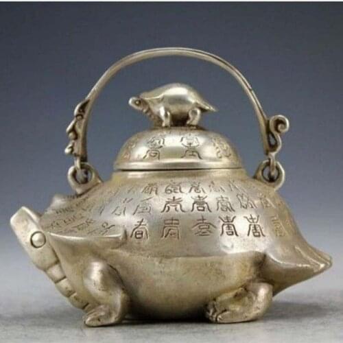 Oriental Vintage Handwork Silver Copper Portable Tortoise Teapot