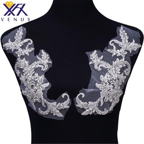 XFX VENUS 1 Pair Beaded Crystal Rhinestone Embroidery Patches Beads Patch Bodice Small Size for Wedding Dress