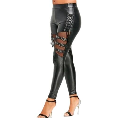 Plus Size PU Leggings Women Fashion Skinny Elastic Jeggings Plus Size Sexy Pants Women Metal Buckle Matt Leggins Legins
