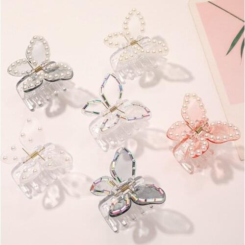 New Butterfly Hair Claw Pearl Rhinestone Transparent Hair Grasping Women Bath Shower Hairpins Ponytail Holder Styling Accessorie