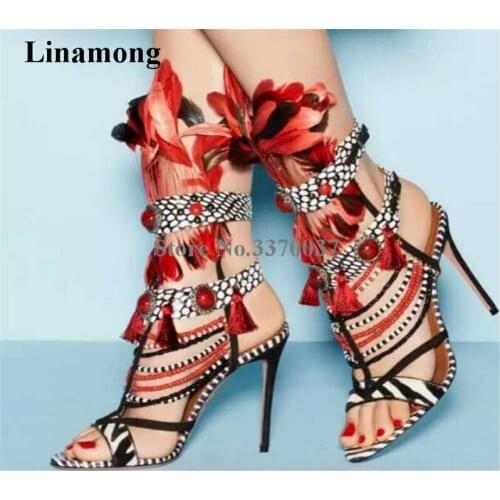 Women Charming Patchwork Color Straps Design Fur Gladiator Sandals Beads Stiletto Heel Mix-colors Stripes High Heel Sandals