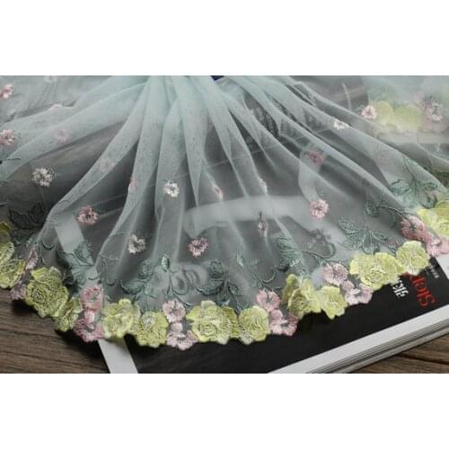 2 Yards Grey Tulle Lace Trim Yellow Pink Rose Embroidered Lace 9.44 Inches Wide