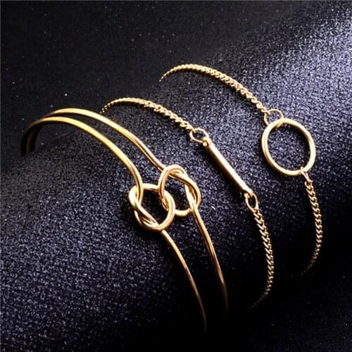 3PCs Gold Knot Bangles For Women European Geometric Bracelets Set Rectangle Round Charm Bracelet Wrist Jewelry