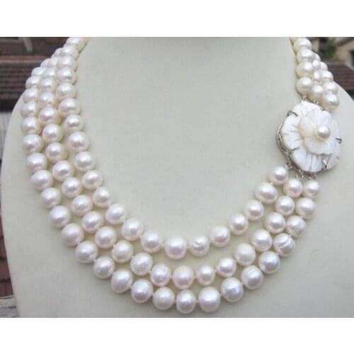 3ROW ELEGANT 9-10mm AA WHITE PEARL NECKLACE 17-19inch