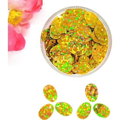 50g/lot 9*13mm Laser Gold Oval Egg Shape Loose Sequins Side Hole Spangle, Hologram Paillette Glitter For Crafts