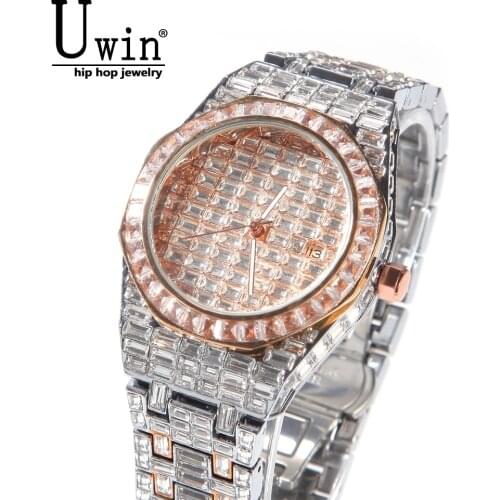 Uwin Baguette Stone Watches Square Zircon Full Iced Out Big Dial Watches Pink Black Stainless Steel Luxury Rhinestones Quartz