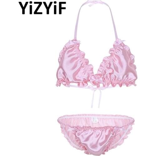 Men bikinis 2020 Ruffled Frilly Shiny Sissy Lingerie Set Strappy Halter Backless Bikini Bra Top with Low Rise Briefs Underwear