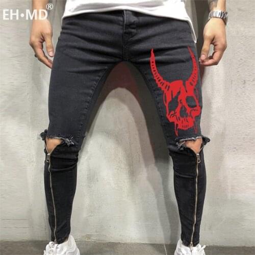 EH·MD® Four Seasons Sports Trousers Mens Large Size Skull Print splice Slim Feet European and American Jeans Mens Hole Zipper