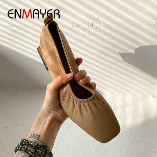 ENMAYER 2020 Luxury Shoes Women Designers Basic Square Heel Casual Slip-On Genuine Leather Fashion Wedding Shoes Size 34-39