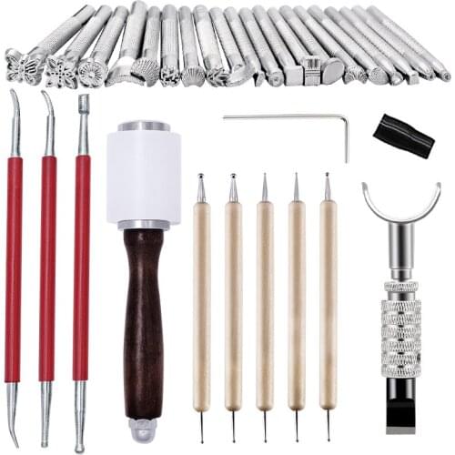 Imzay 30Pcs Leather Carving Working Saddle Set With DIY Hammer Swivel Knife Leather Craft Modelling Point Pen + Dual Tipped Tool