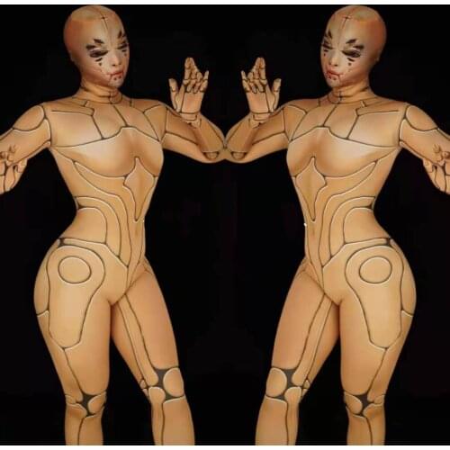 Nightclub Bar Sexy Machine Girls Skin Color Jumpsuit Sci-Fi Costume Halloween Day Cosplay Bodysuit Gogo Dancer Costumes DWY5002
