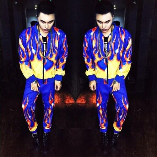 Blue Flame Hip Hop Suit Men Jacket Hiphop Pants Jazz Dance Costume Rave Outfit Male Clothes Nightclub Festival Clothes XS2585