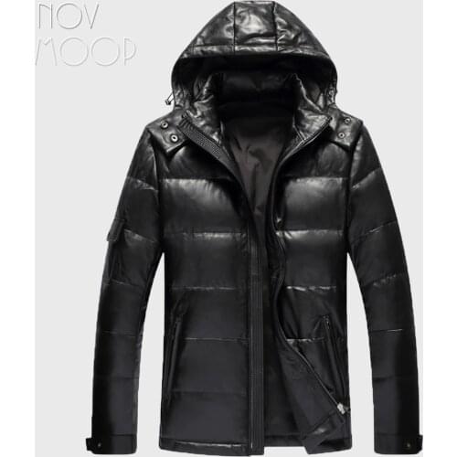 Men winter warm black genuine leather real lambskin duck down hooded jackets coats plus size jaqueta de couro deri ceket LT2447
