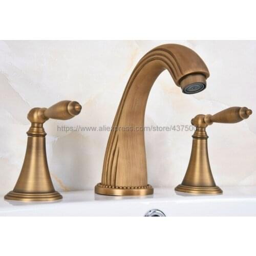 3 Hole Antique Brass Deck Mounted Bathroom Mixer Tap Bath Basin Sink Vanity Faucet Water Tap Bath Faucets Nan088