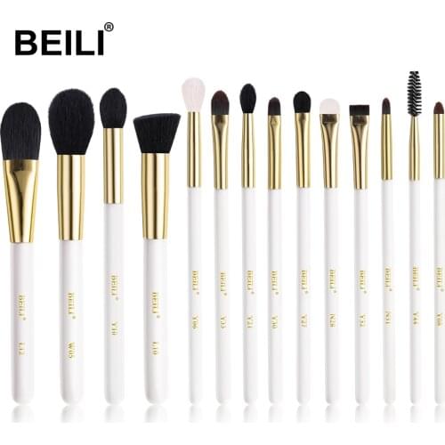 BEILI Pro Pearl White Gold Make up Brush Set Highlight Foundation Eye Blending Goat hair Luxury Costmetic Makeup Brushes Tool