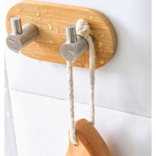 Natural Bamboo Stainless Steel Hook Wall Clothes Bag Headphone Key Hanger Kitchen Bathroom Door Towel Rustproof Shelf WF