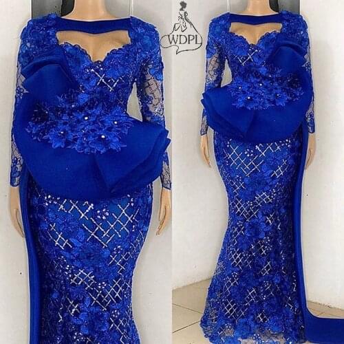 Real Photos Nigerian Woman Dress Royal Blue Vestidos de fiesta Full Sleeves Evening Dresses Long Lace Abendkleider Prom Gown Aso