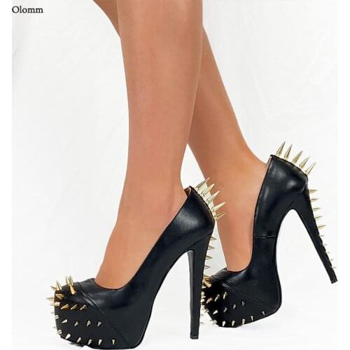 Olomm 2021 Handmade Women Pumps Sexy Rivets Stiletto Heel Pumps Round Toe Black Pink Fuchsia Night Club Shoes Women US Size 5-13