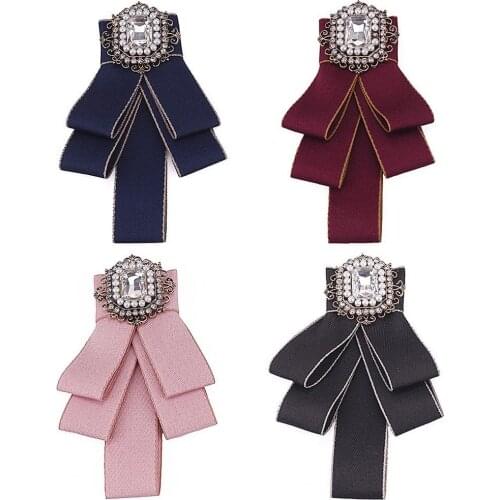 Women Elegant Wedding Party Bow Rhinestone Lint Pre Tied Neck Tie Brooch Pin