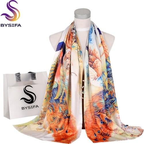[BYSIFA] 2018 Fashion Scarf Luxury Women Brand Silk Scarf Shawl Peacock Design Winter Double Faces Buttons Long Scarves 175*50cm