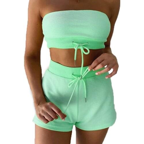 Sexy Two Piece Set Women Sports Set Strapless Crop Top Short set Elegant Ladies Fitness Workout tracksuit Streetwear 2 Piece set