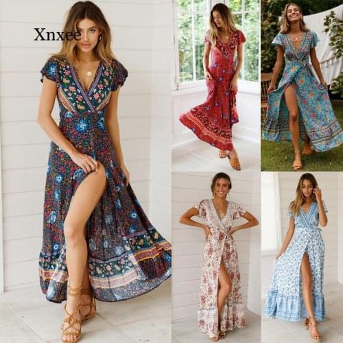 Summer New Fashion Women Vintage Robe Short Sleeve V Neck Boho Sexy Party Split Dress Print Long Dress Sundress Clothing