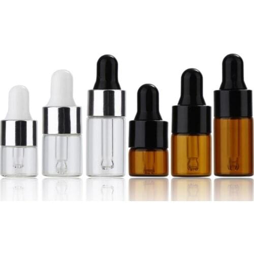 1ml 2ml 3ml Mini Glass Dropper Bottle Clear Amber Small Glass Sample Bottles With Black Silver Cap For Perfume Cosmetic SN437