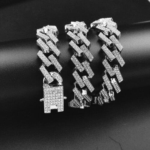 15mm Miami Prong Cuban Chain Link Silver Color Necklaces 2 Row Full Iced Out Rhinestones Bracelet Set for Mens Hip Hop Chains