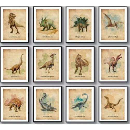 Watercolor Dinosaur T-rex Triceratops Retro Posters Art Print Home Decor Wall Nursery Kids Poster for kids rooms Canvas Painting