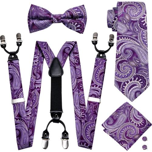 Purple Floral Pre-Bow Tie Silk Ties For Men Suspenders Handkerchief Cufflink Set Barry.Wang Fahsion Designer Wedding Gift S-2010