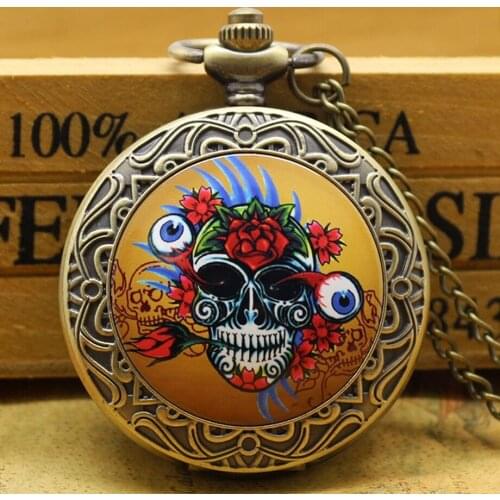 Antique Fashion Funny Colorful Skull Head With Flower Bronze Poket Watch with Chain Creative Gift for Women Men Fob Watches